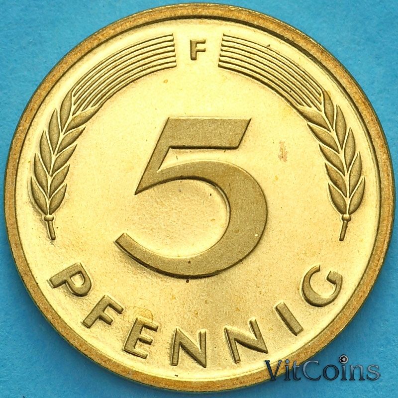 Монета ФРГ 5 пфеннигов 1991 год. F. Пруф.