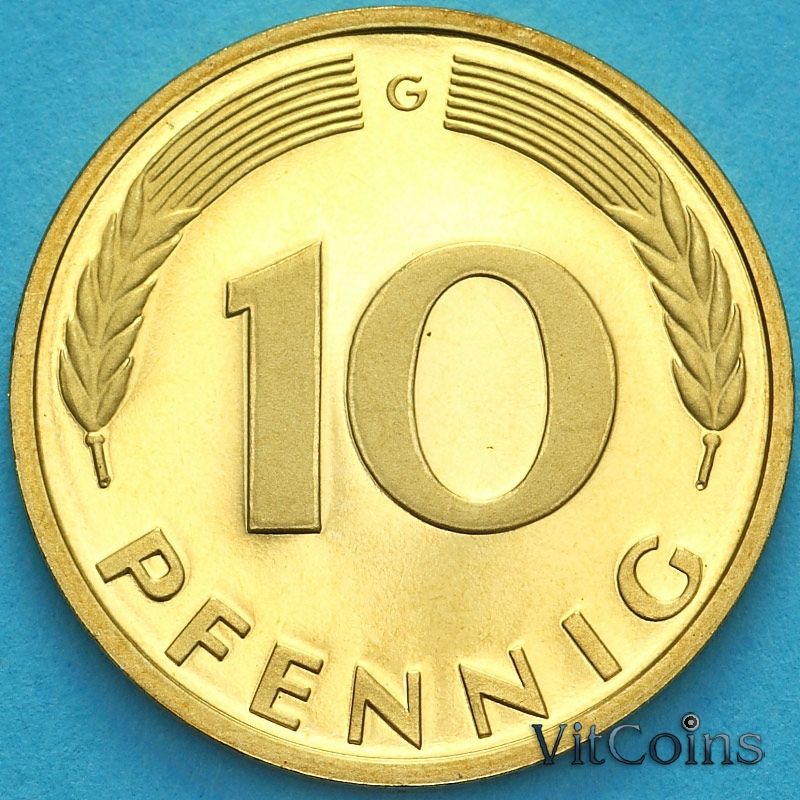 Монета ФРГ 10 пфеннигов 1991 год. G. Пруф.