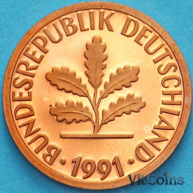 Монета ФРГ 2 пфеннига 1991 год. G. Пруф. Монета ФРГ 2 пфеннига 1991 год. G. Пруф.