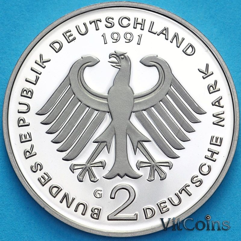 Монета ФРГ 2 марки 1991 год. Курт Шумахер. Пруф. G Монета ФРГ 2 марки 1991 год. Курт Шумахер. Пруф. G
