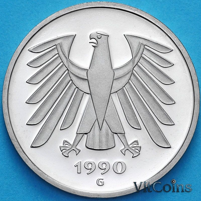 Монета ФРГ 5 марок 1990 год. G. Пруф
