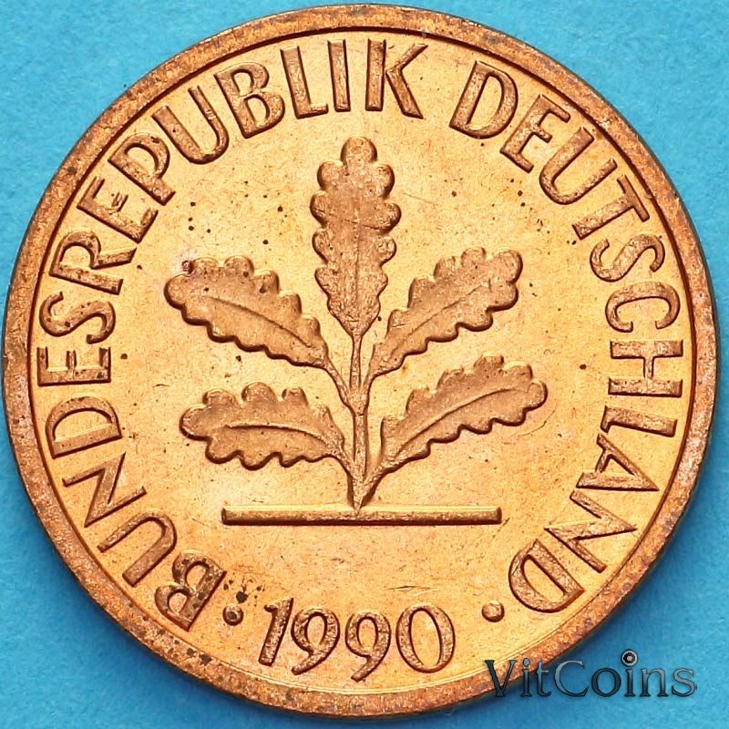 Монета ФРГ 1 пфенниг 1990 год. F.