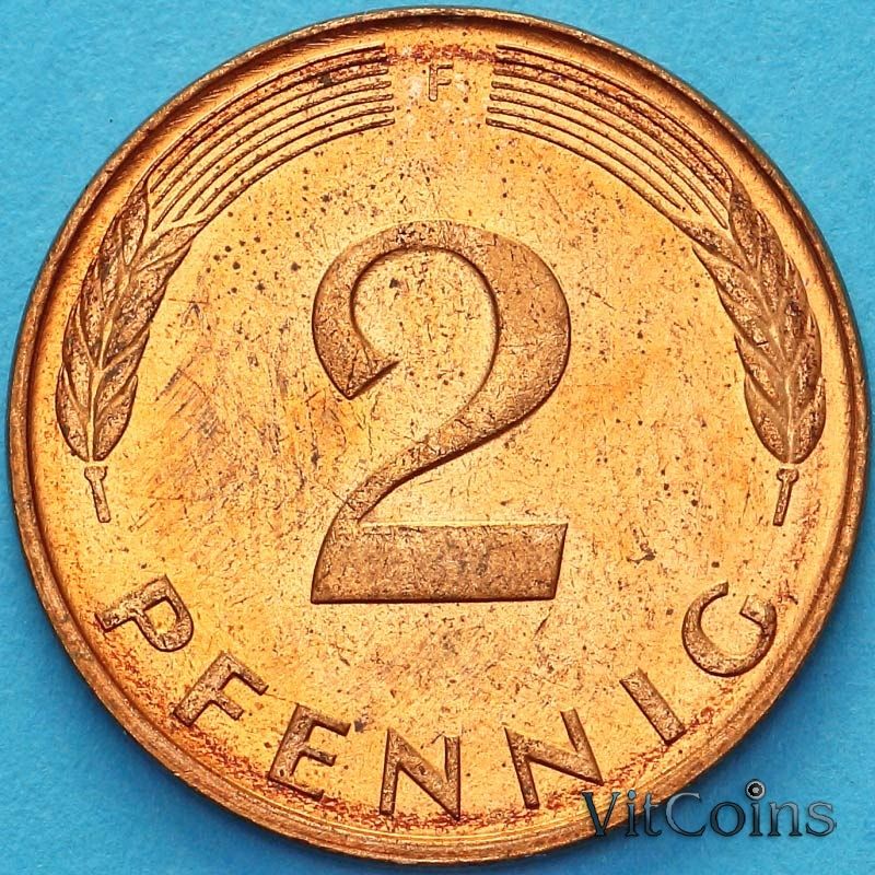 Монета ФРГ 2 пфеннига 1989 год. F.
