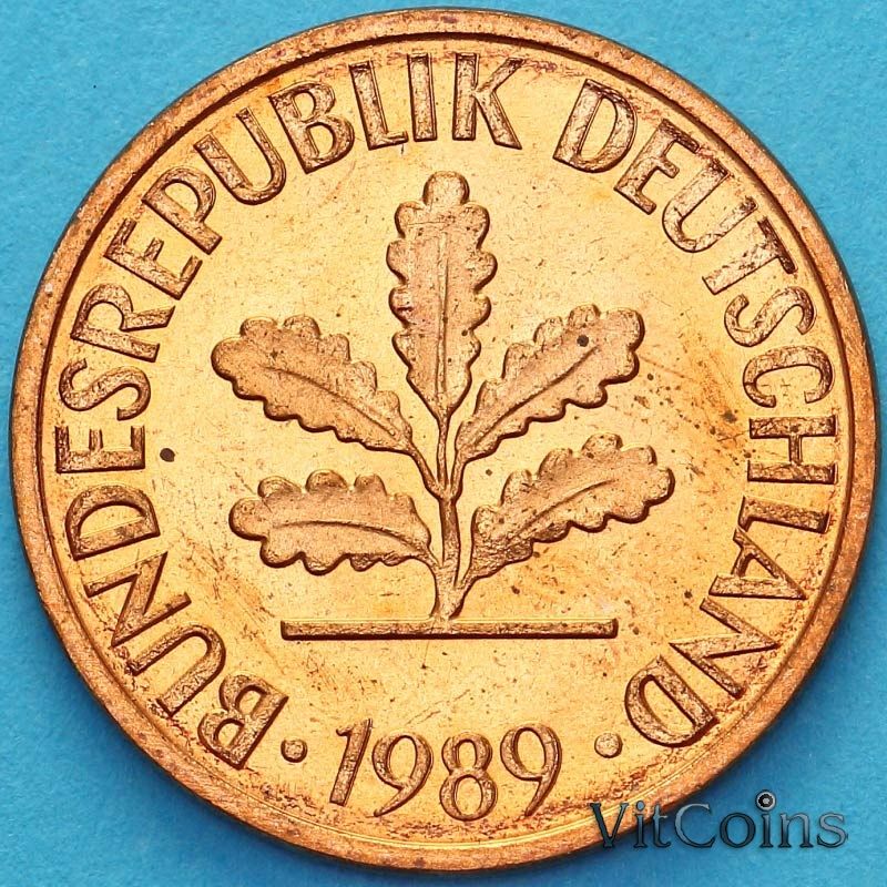 Монета ФРГ 2 пфеннига 1989 год. F.