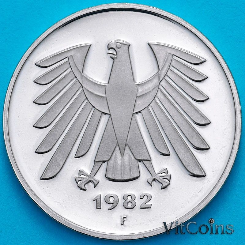 Монета ФРГ 5 марок 1982 год. F. Пруф