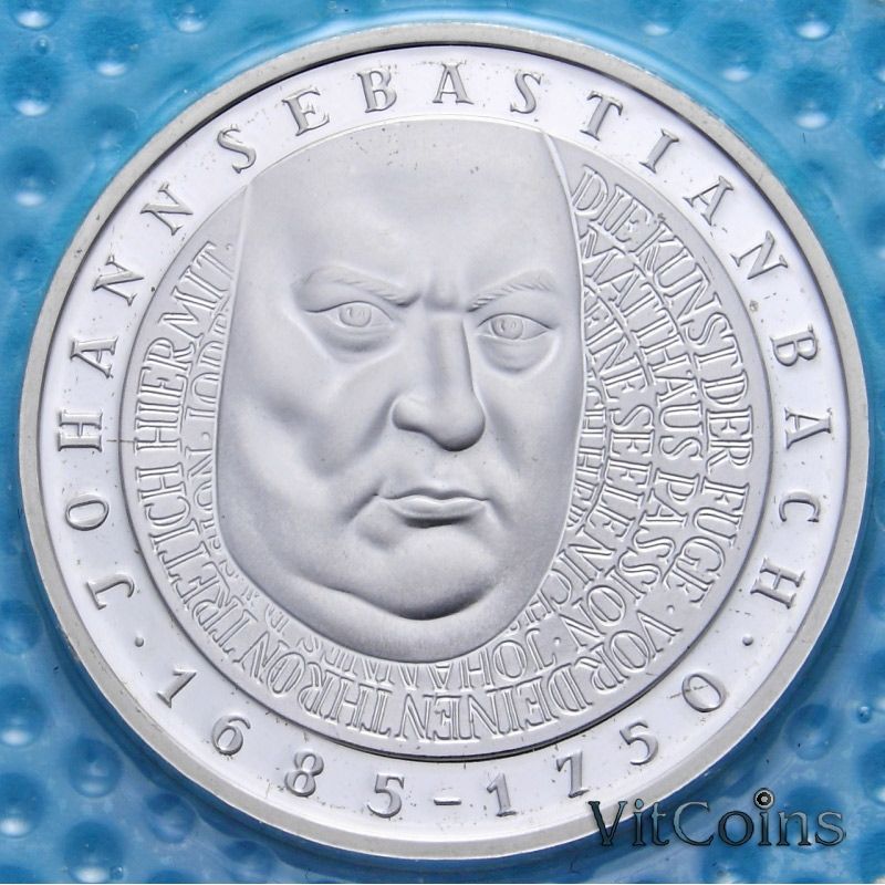 Монета ФРГ 10 марок 2000 год. F. Иоганн Себастьян Бах. Серебро. В запайке.