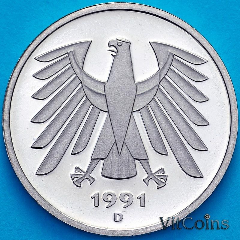 Монета ФРГ 5 марок 1991 год. D. Пруф