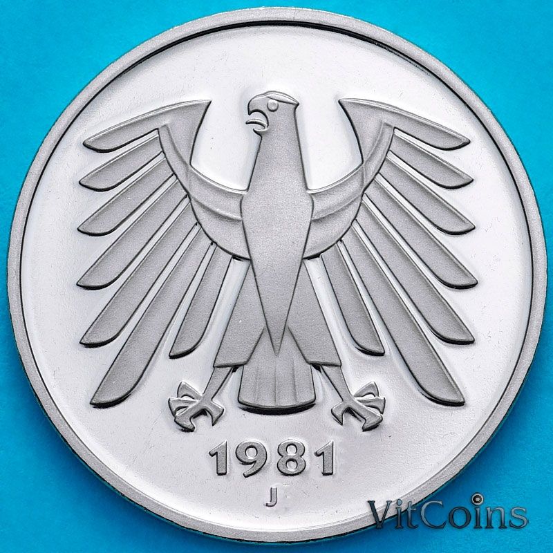Монета ФРГ 5 марок 1981 год. J. Пруф Монета ФРГ 5 марок 1981 год. J. Пруф