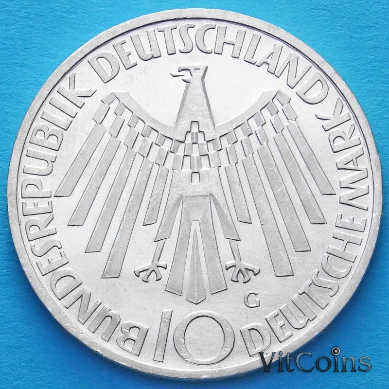 Монета ФРГ 10 марок 1972 год. Олимпиада, эмблема. G. Серебро Монета ФРГ 10 марок 1972 год. Олимпиада, эмблема. G. Серебро
