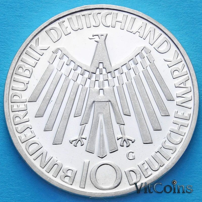 Монета ФРГ 10 марок 1972 год. Олимпиада, эмблема. G. Серебро. Пруф Монета ФРГ 10 марок 1972 год. Олимпиада, эмблема. G. Серебро. Пруф