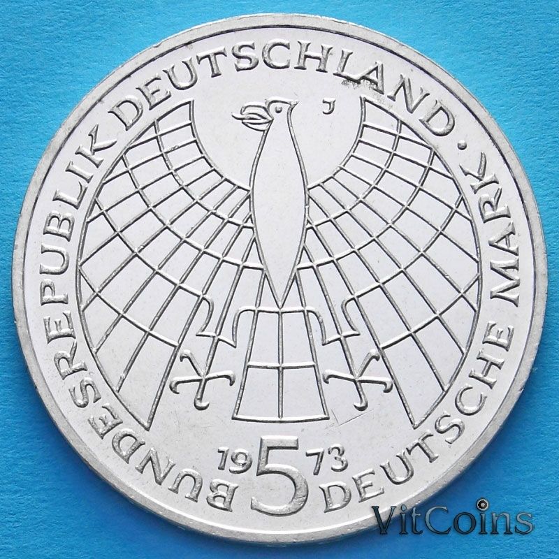 Монета ФРГ 5 марок 1973 год. Николай Коперник. Серебро. Монета ФРГ 5 марок 1973 год. Николай Коперник. Серебро.