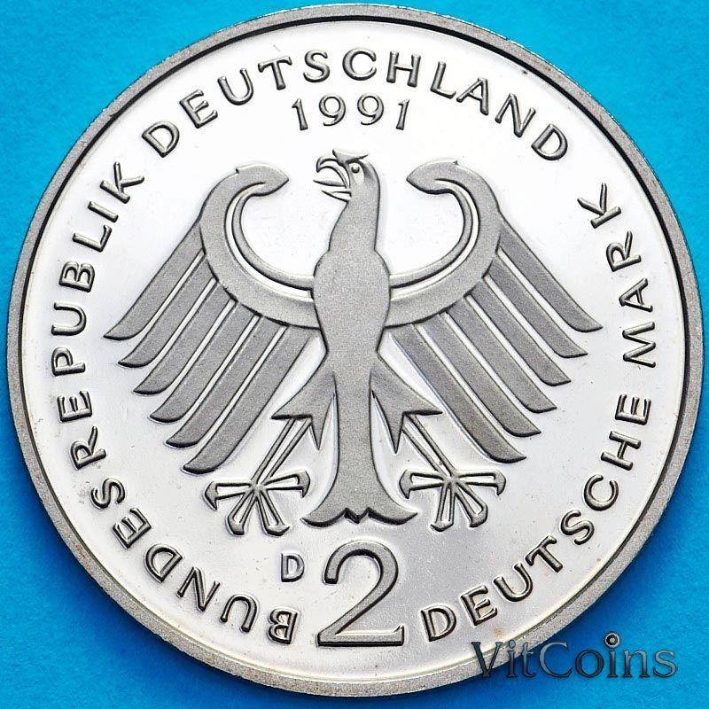 Монета ФРГ 2 марки 1991 год. Курт Шумахер. Пруф. D