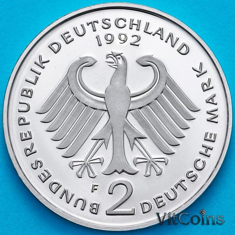 Монета ФРГ 2 марки 1992 год. Людвиг Эрхард. F. Пруф.