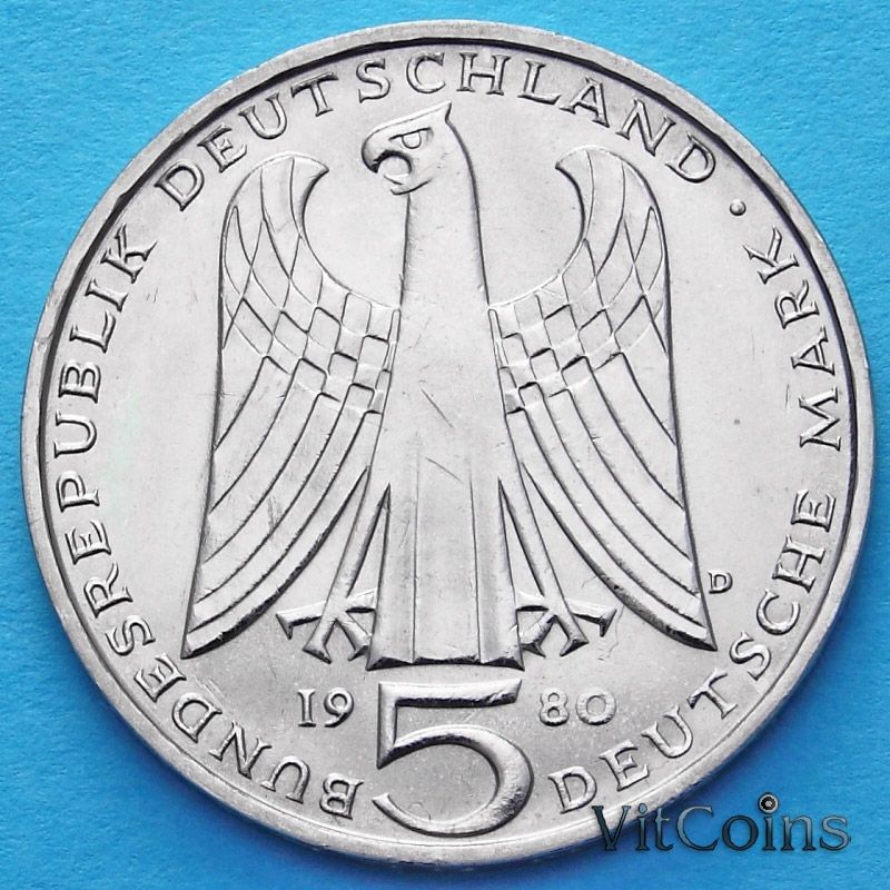 ФРГ 5 марок 1980 год. Вальтер фон дер Фогельвейде. ФРГ 5 марок 1980 год. Вальтер фон дер Фогельвейде.