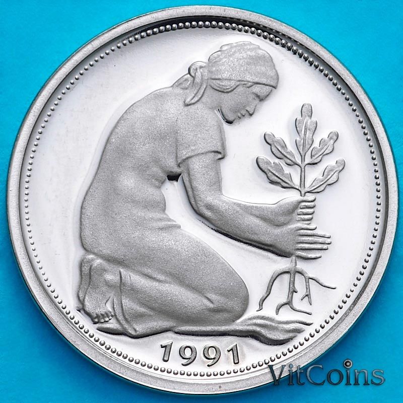 Монета ФРГ 50 пфеннигов 1991 год. D. Пруф.