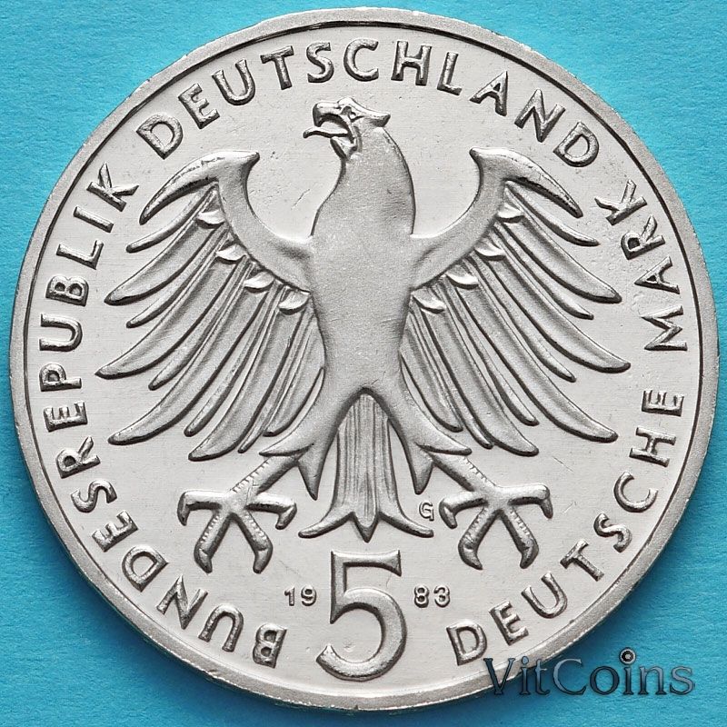 Монета ФРГ 5 марок 1983 год. Мартин Лютер. Монета ФРГ 5 марок 1983 год. Мартин Лютер.