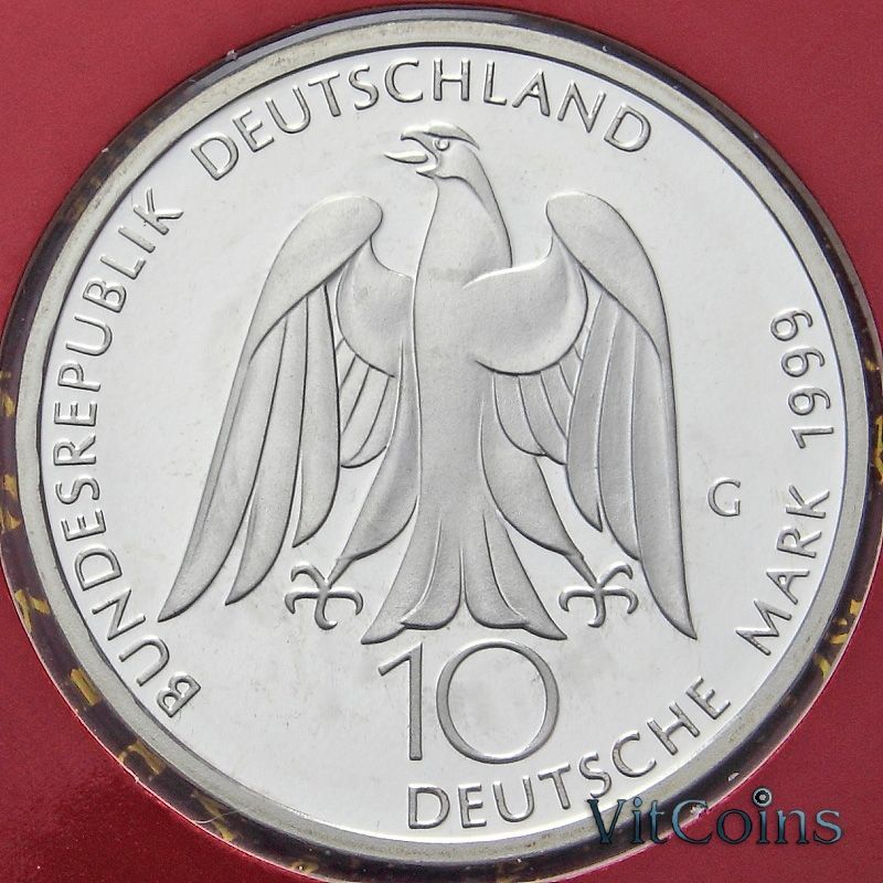 Монета ФРГ 10 марок 1999 год. G. Иоганн Вольфганг фон Гёте. Серебро. Пруф. Монета ФРГ 10 марок 1999 год. G. Иоганн Вольфганг фон Гёте. Серебро. Пруф.