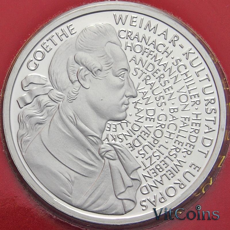 Монета ФРГ 10 марок 1999 год. J. Иоганн Вольфганг фон Гёте. Серебро.