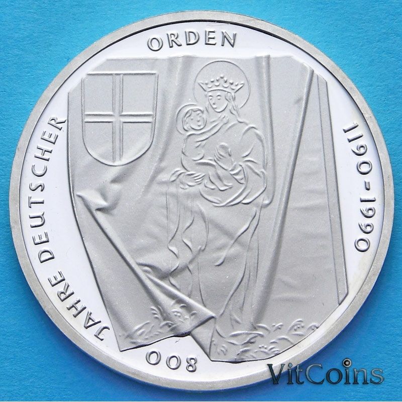 Монета ФРГ 10 марок 1990 год. J. Тевтонский орден. Серебро. Пруф