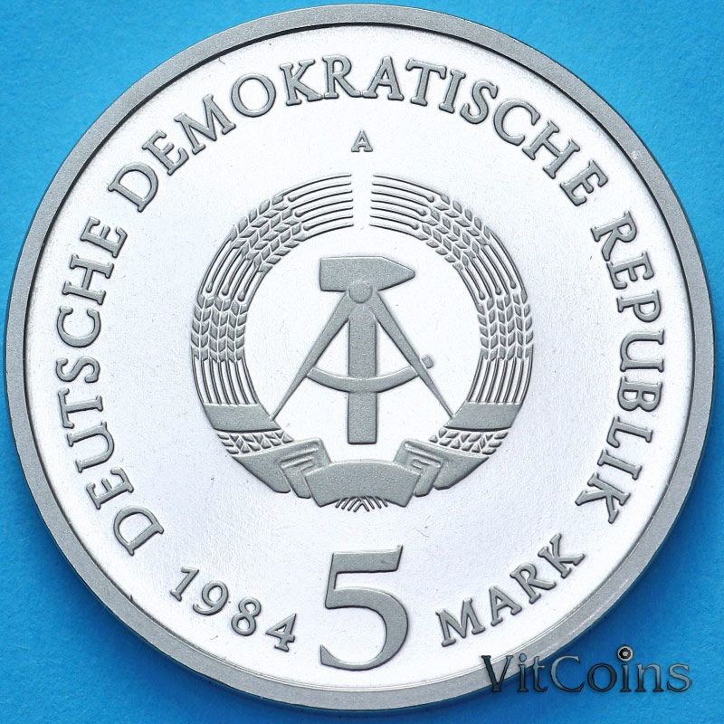 Монета ГДР 5 марок 1984 год. Старая Ратуша в Лейпциге. Пруф Монета ГДР 5 марок 1984 год. Старая Ратуша в Лейпциге. Пруф