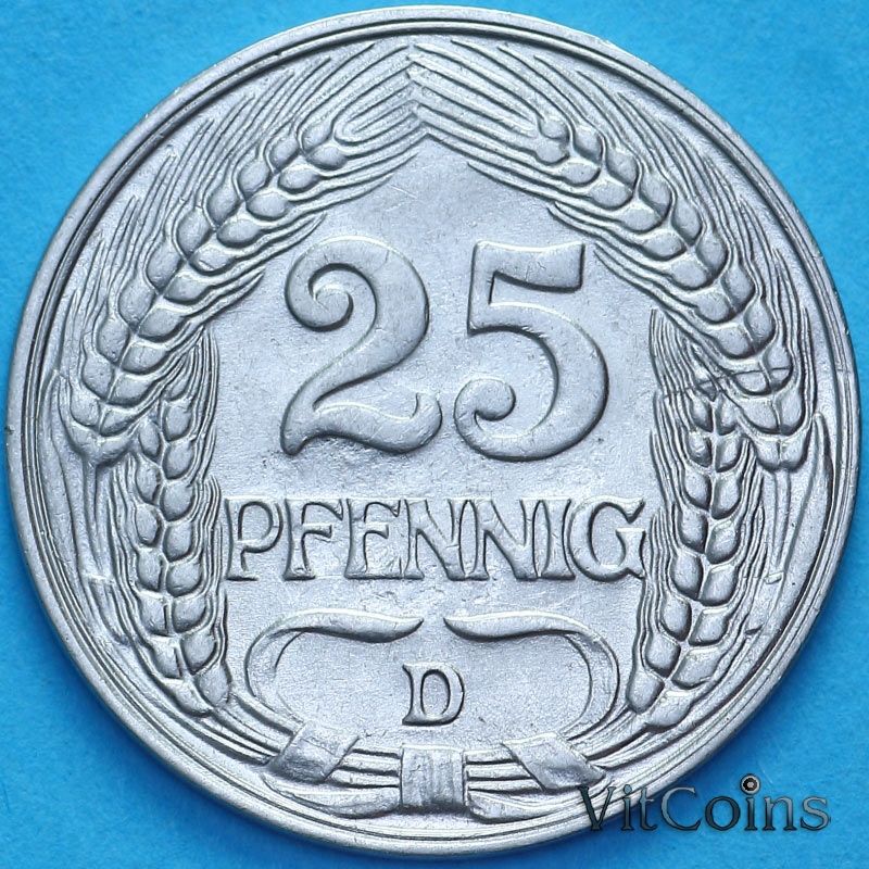 Монета Германия 25 пфеннигов 1912 год. D