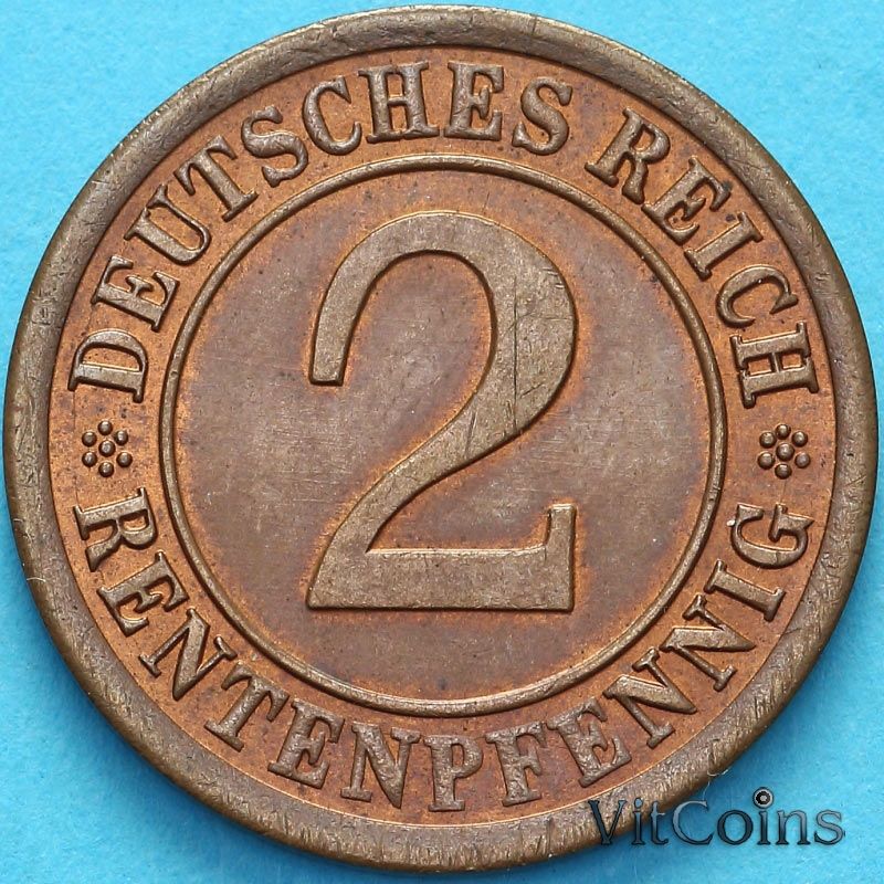 Монета Германия 2 рентенпфеннига 1924 год. А. aUNC Монета Германия 2 рентенпфеннига 1924 год. А. aUNC