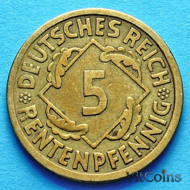 Монета Германии 5 рентенпфеннигов 1924 год.