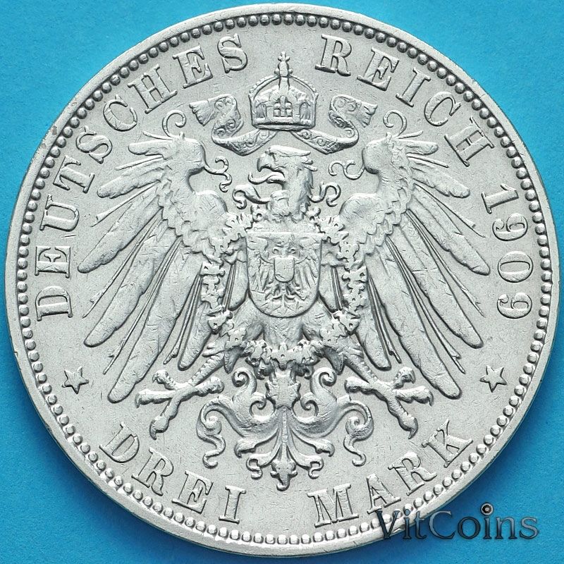 Монета Германия, Саксония 3 марки 1909 год. Серебро.