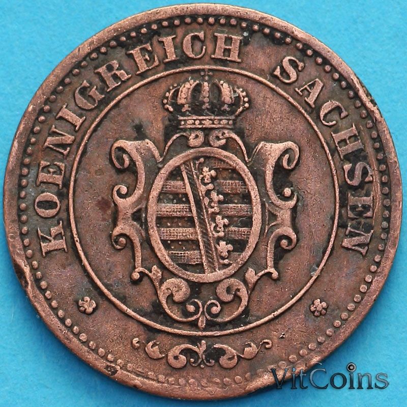 Монета Саксония 2 пфеннига 1864 год. В