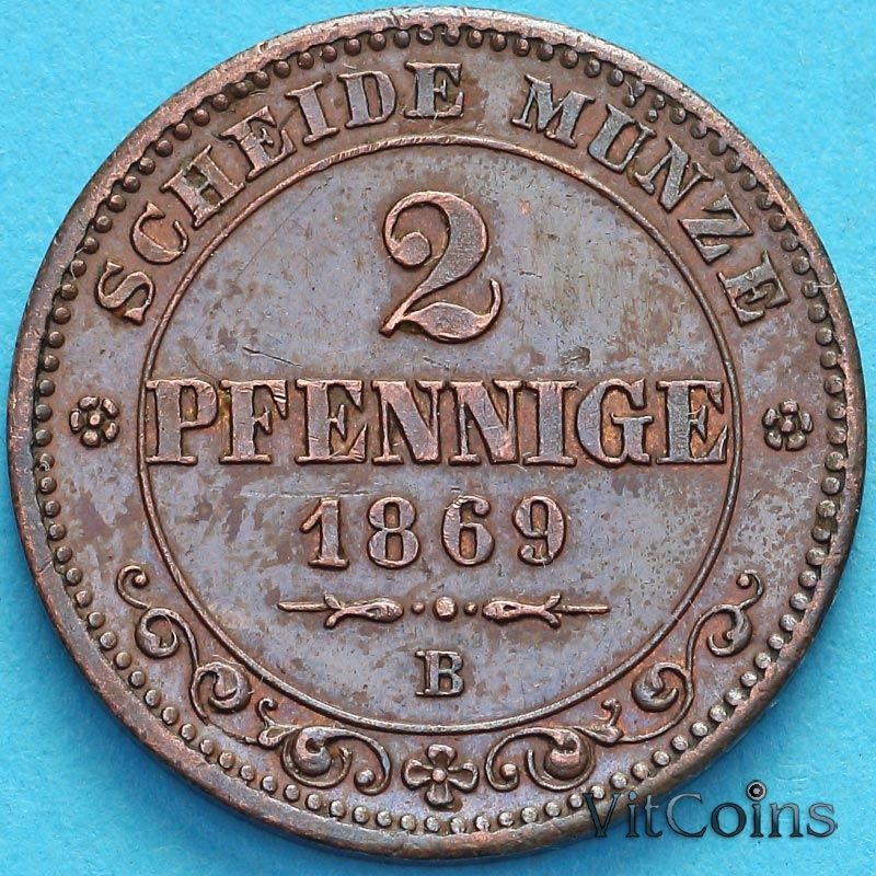 Монета Саксония 2 пфеннига 1869 год. В. №2