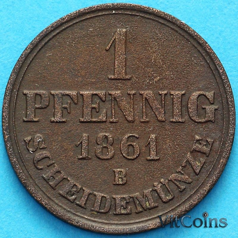 Монета Ганновер 1 пфенниг 1861 год. В.