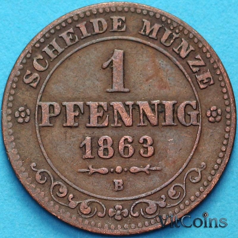 Монета Саксония 1 пфенниг 1863 год. В