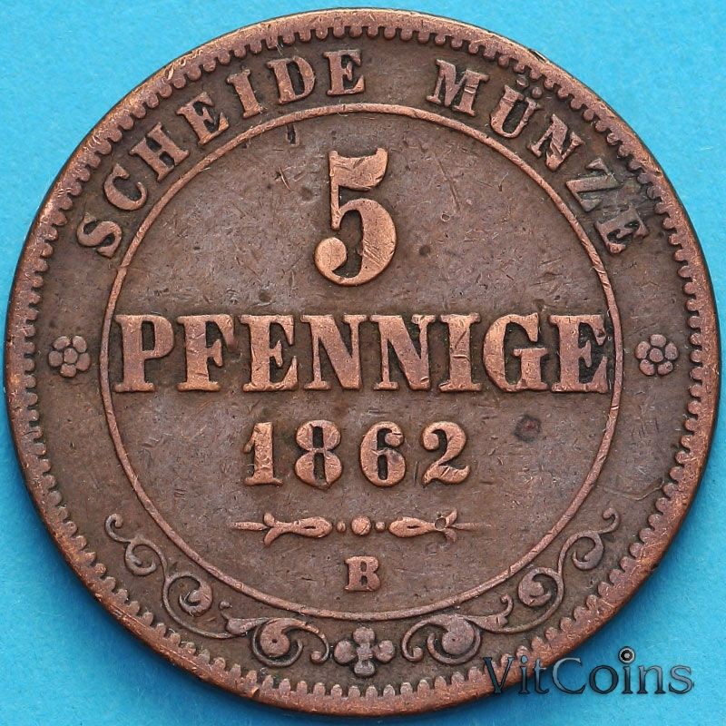 Монета Саксония 5 пфеннигов 1862 год. В