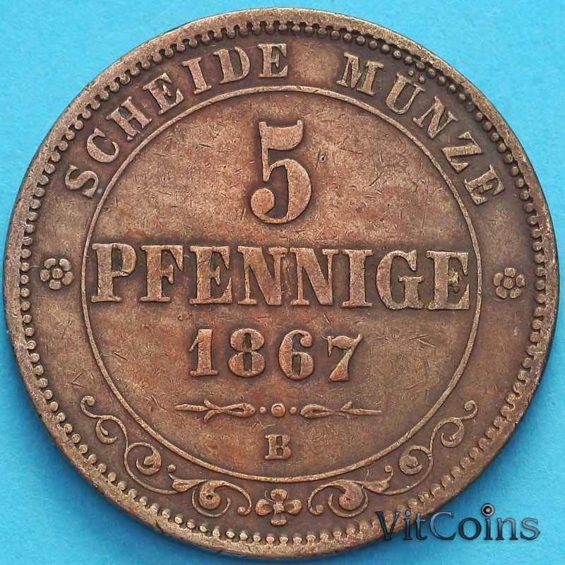 Монета Саксония 5 пфеннигов 1867 год. В