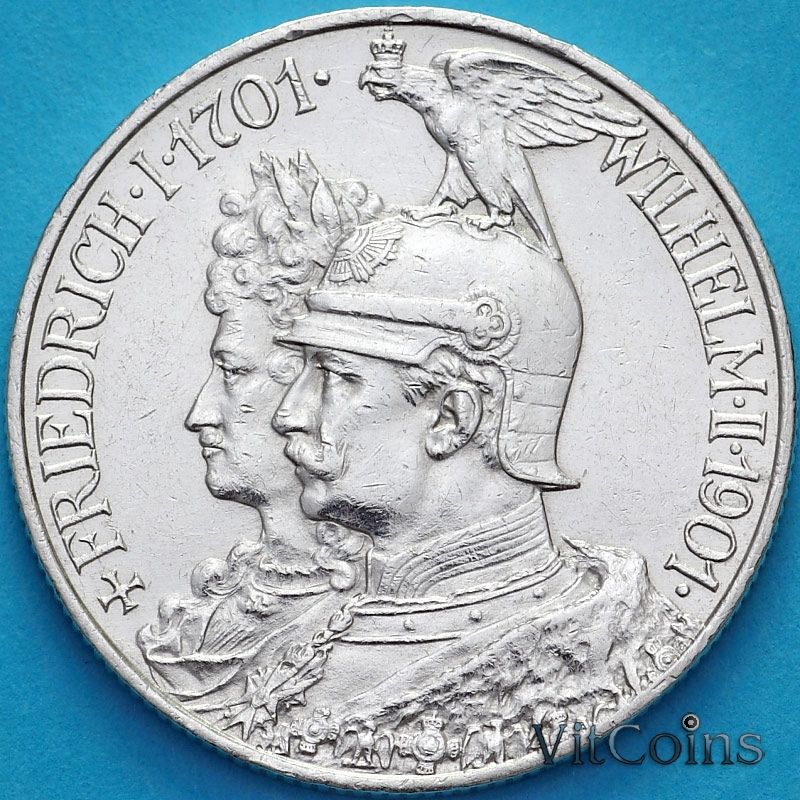 Монета Пруссия 2 марки 1901 год. 200 лет Пруссии.