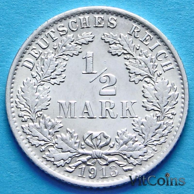Монета Германии 1/2 марки 1913 год. Серебро А