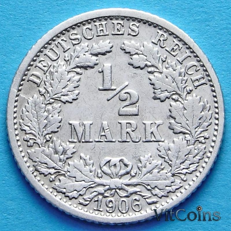 Монета Германия 1/2 марки 1906 год. Серебро F