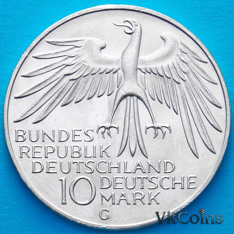 Монета ФРГ 10 марок 1972 год. Олимпиада, стадион. G. Серебро Монета ФРГ 10 марок 1972 год. Олимпиада, стадион. G. Серебро
