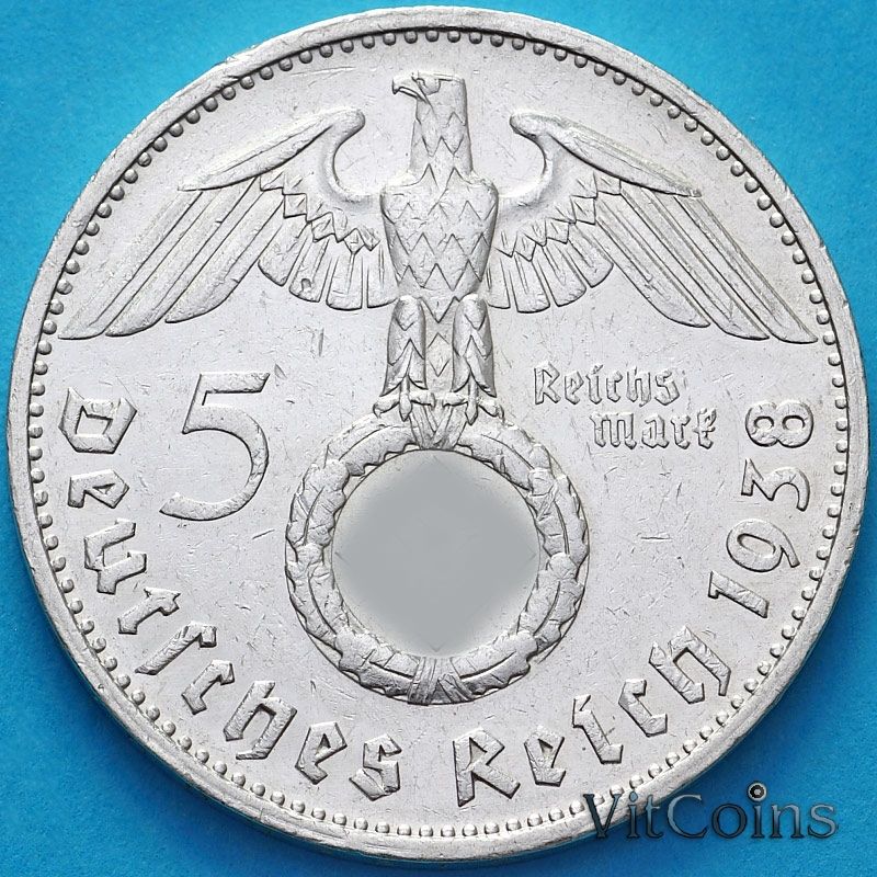 Монета Германия 5 рейхсмарок 1938 год. Монетный двор Карлсруэ