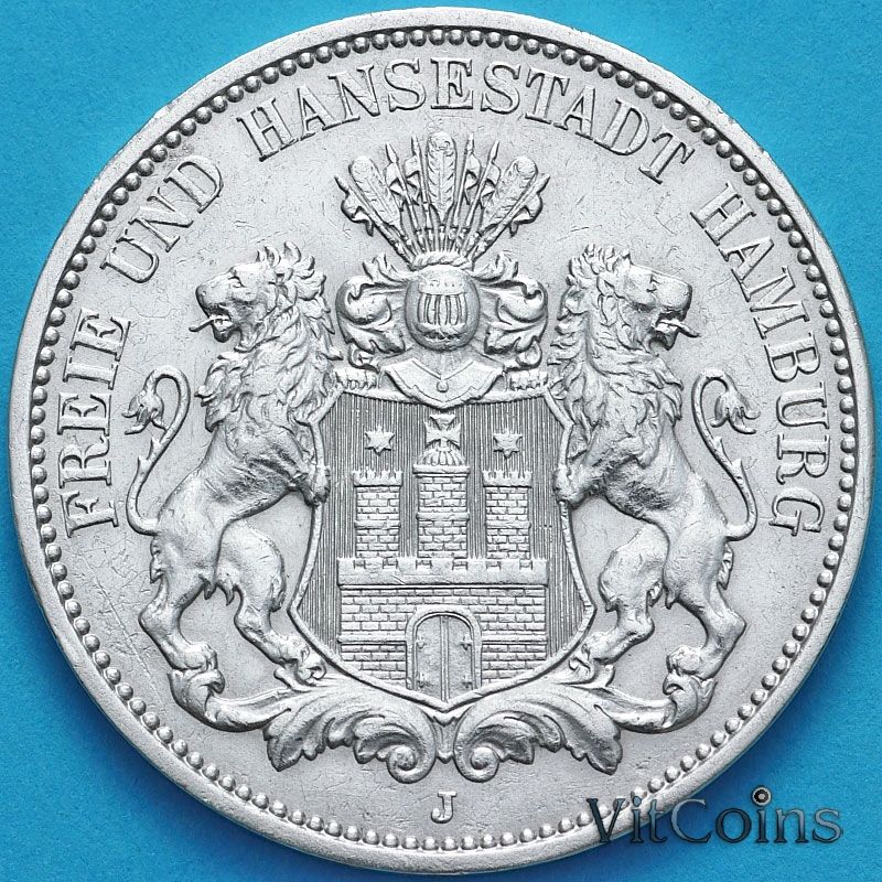 Монета Германии 3 марки 1911 год. Серебро J.