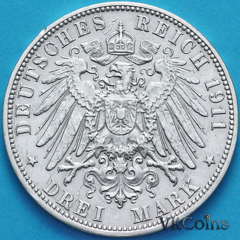 Монета Германии 3 марки 1911 год. Серебро J. Монета Германии 3 марки 1911 год. Серебро J.