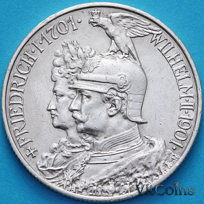 Монета Пруссия 2 марки 1901 год. 200 лет Пруссии. Серебро. 