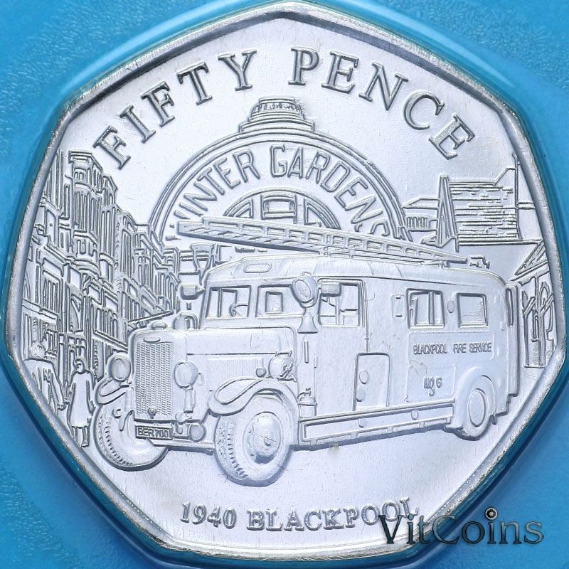 Монета Джерси 50 пенсов 2024 год. Блэкпул, 1940 год