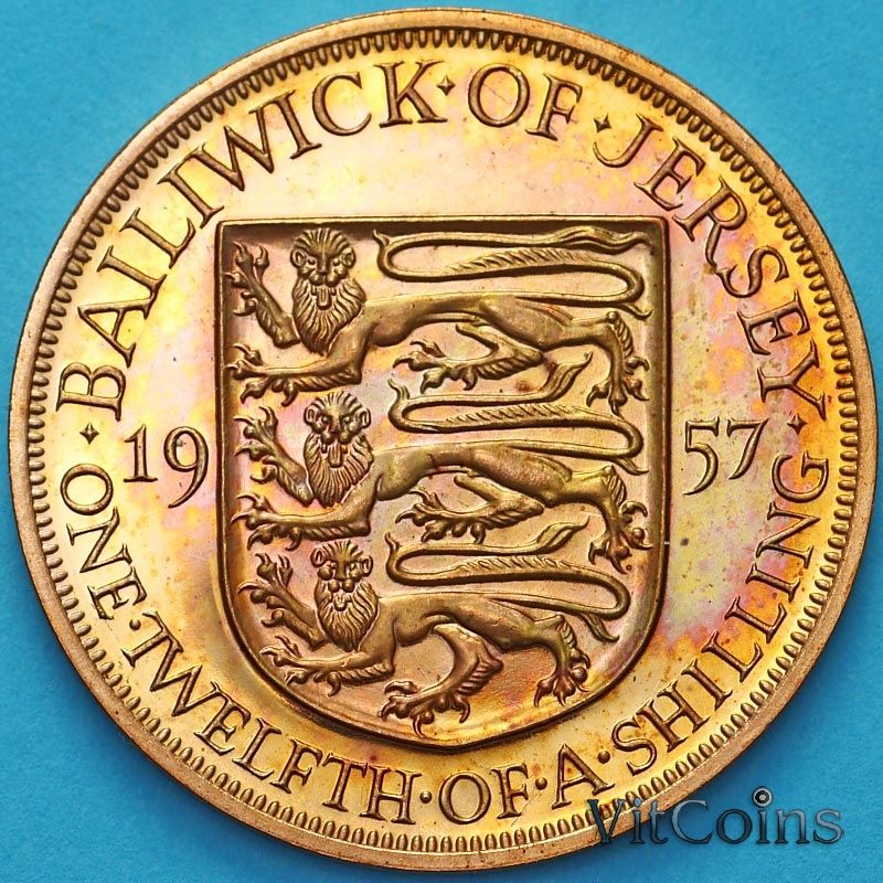 Монета Джерси 1/12 шиллинга 1957 год. Пруф №2