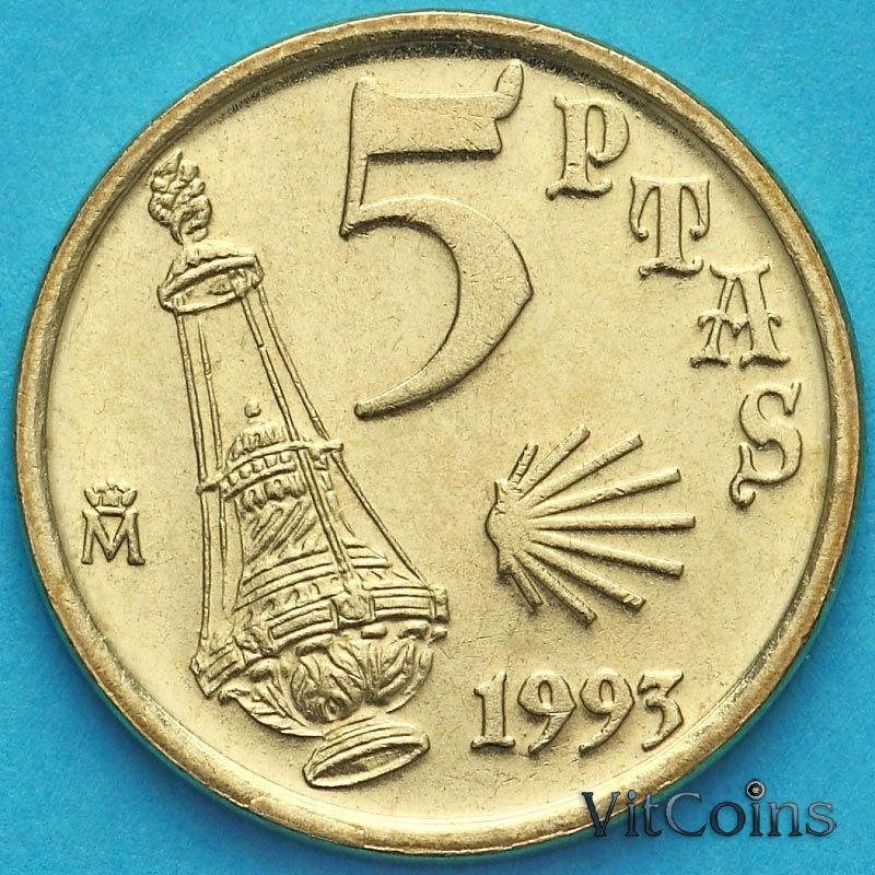 Монета Испания 5 песет 1993 год. Апостол Яков. UNC.