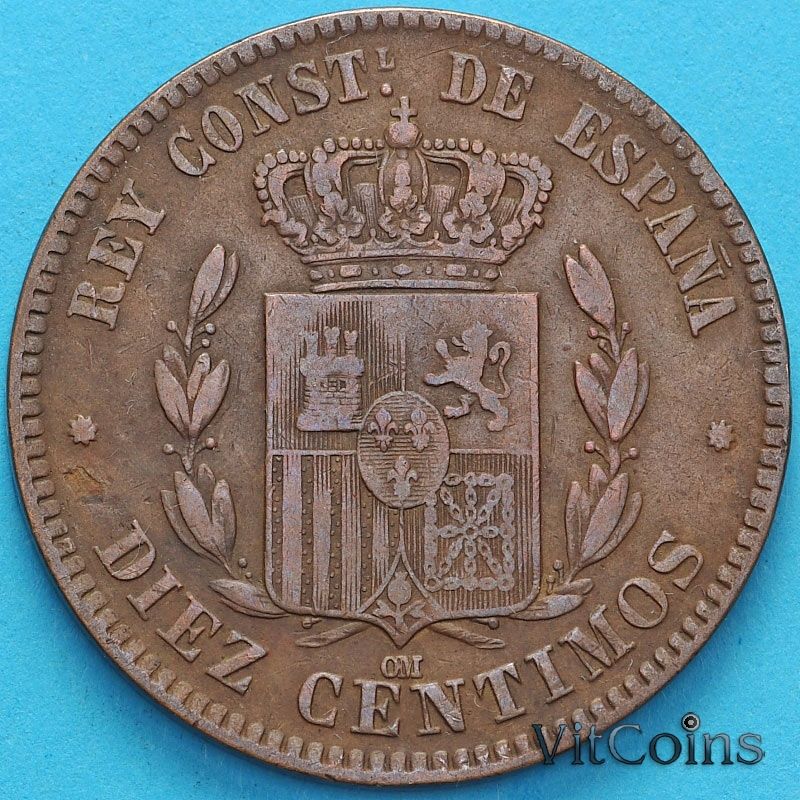 Монета Испания 10 сентимо 1879 год.