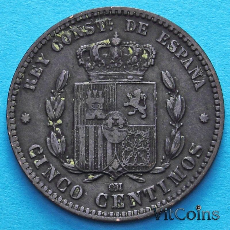 Монета Испании 5 сентимо 1879 год.