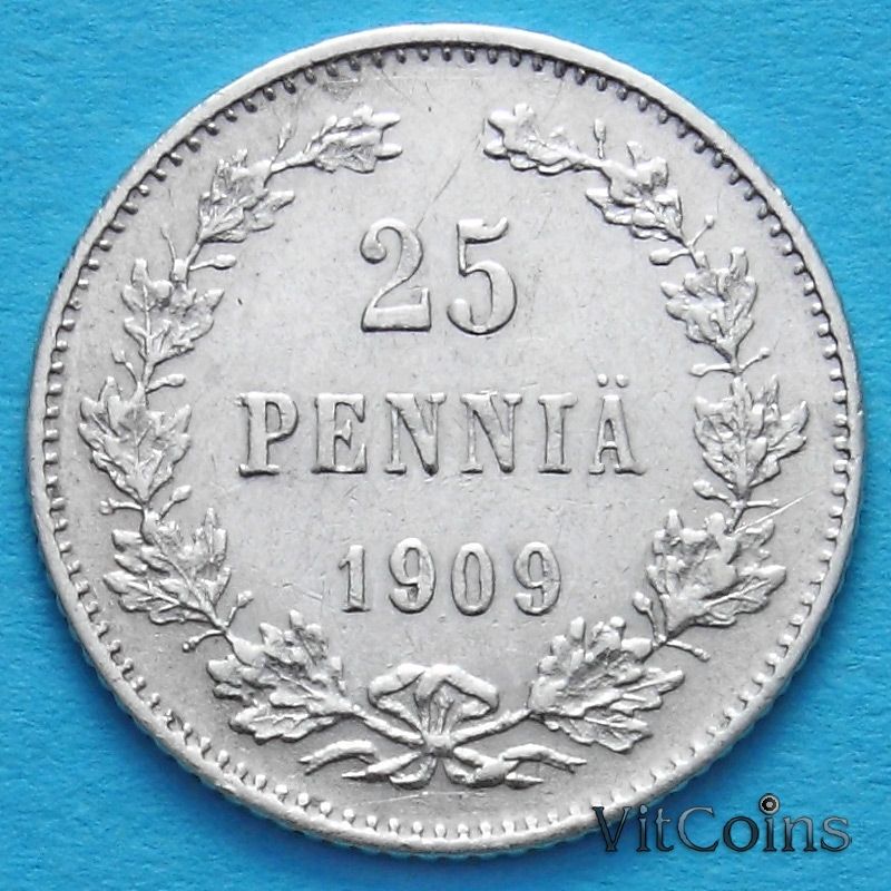 Монета Финляндии 25 пенни 1909 год. Серебро. L.