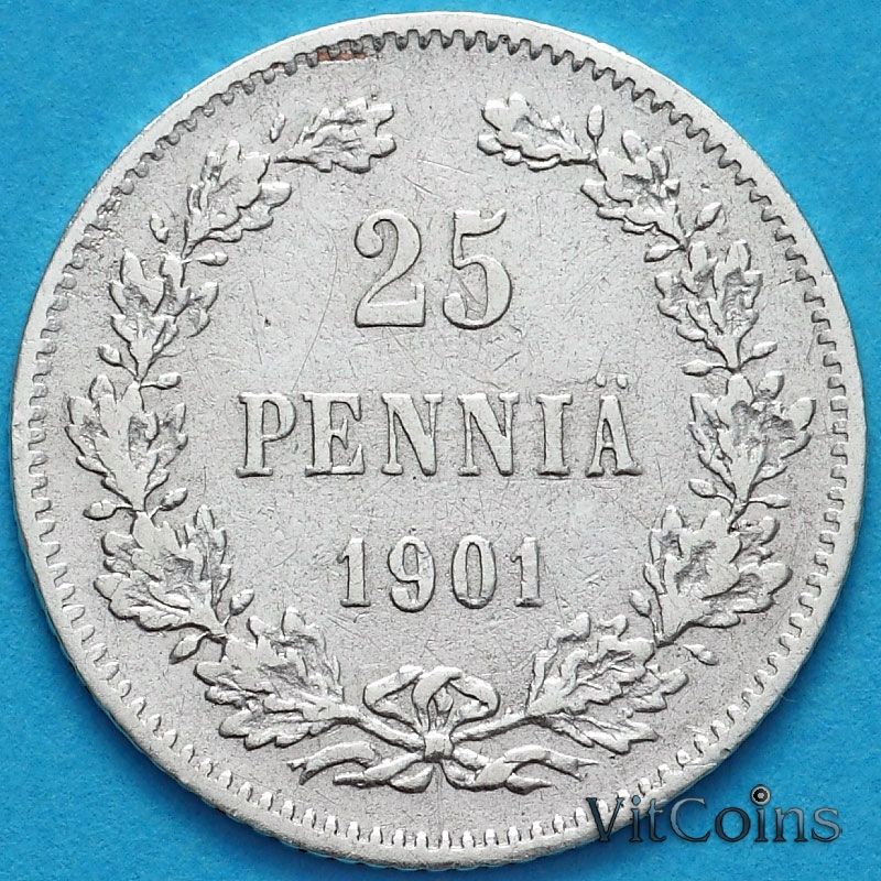 Монета Финляндия 25 пенни 1901 год. Серебро. L.