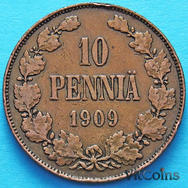 Монета Финляндии 10 пенни 1909 год.